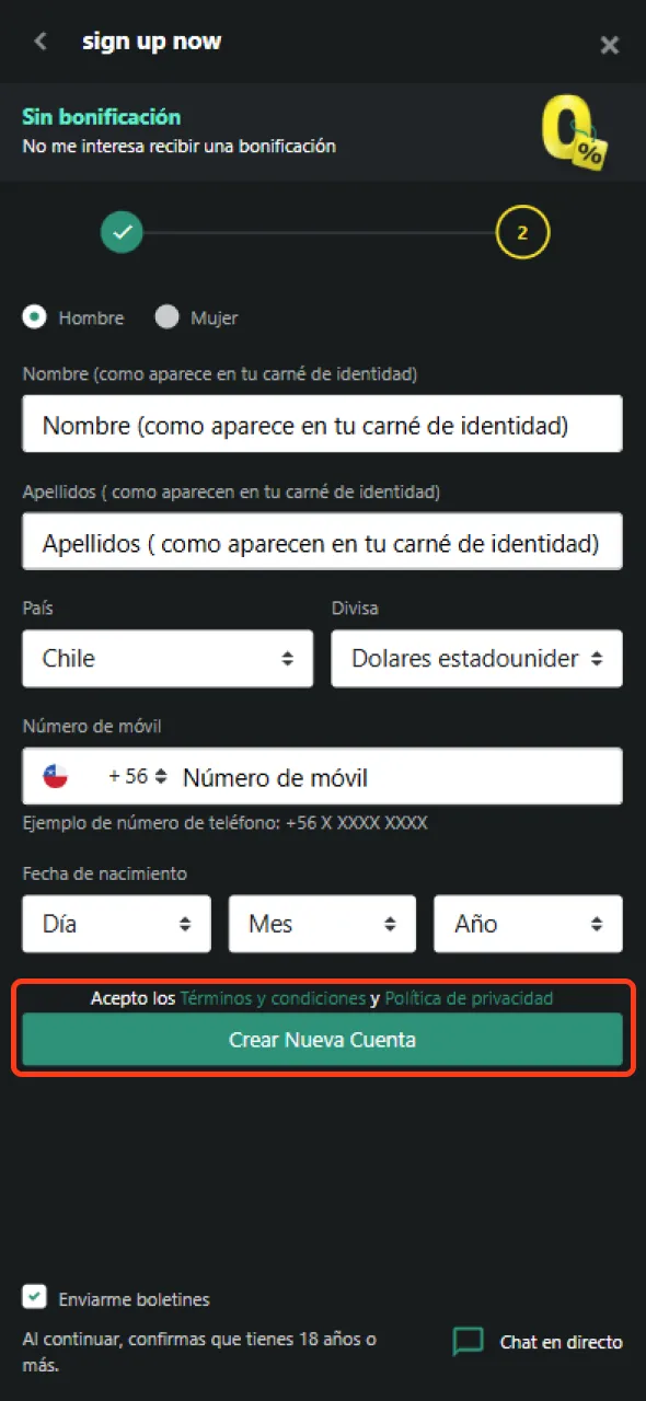 Pulsa el botón de registro y completa tu inscripción en 1bet.