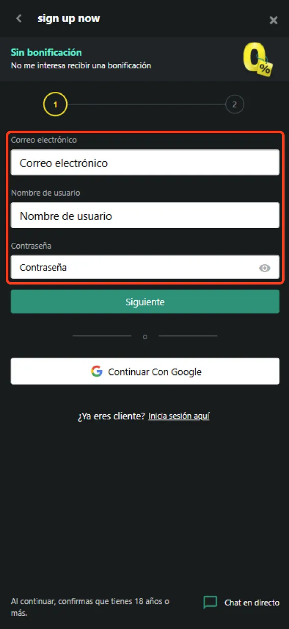 Ingresa un correo, elige un nombre de usuario y crea una contraseña en 1bet.