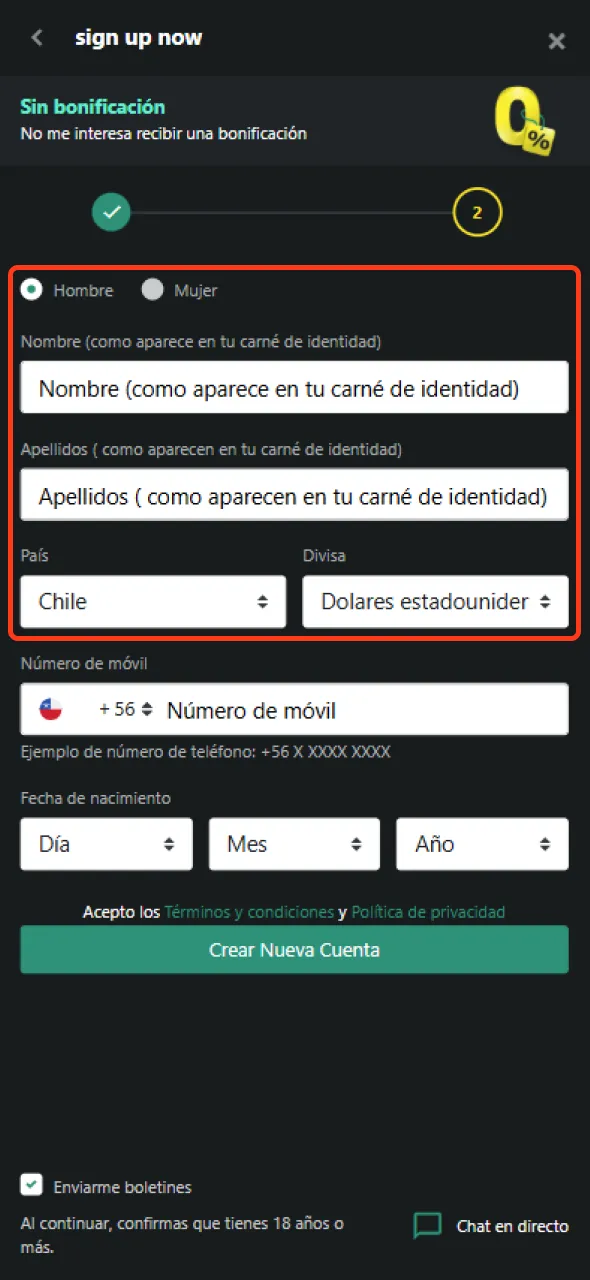 Ingresa la información requerida al registrarte en 1bet.