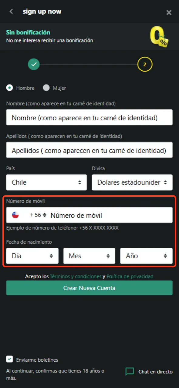 Ingrese su número de teléfono cuando se registre en 1 bet.