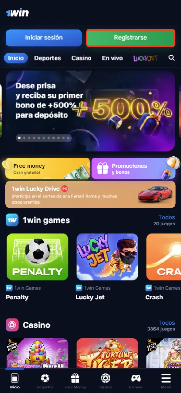 Visita el sitio web de 1win y haz clic en el botón de registro.