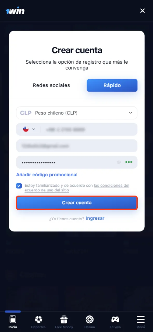 Haz clic en registrarse para finalizar tu registro en 1win.