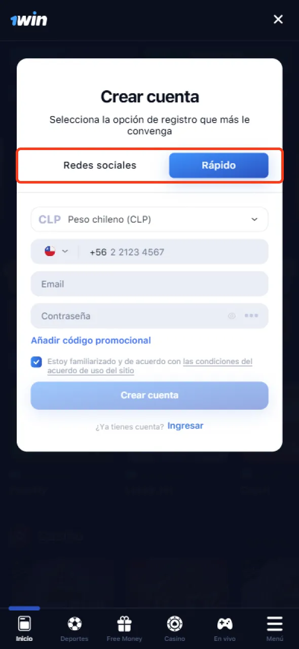 Selecciona una opción para registrarte en 1win.