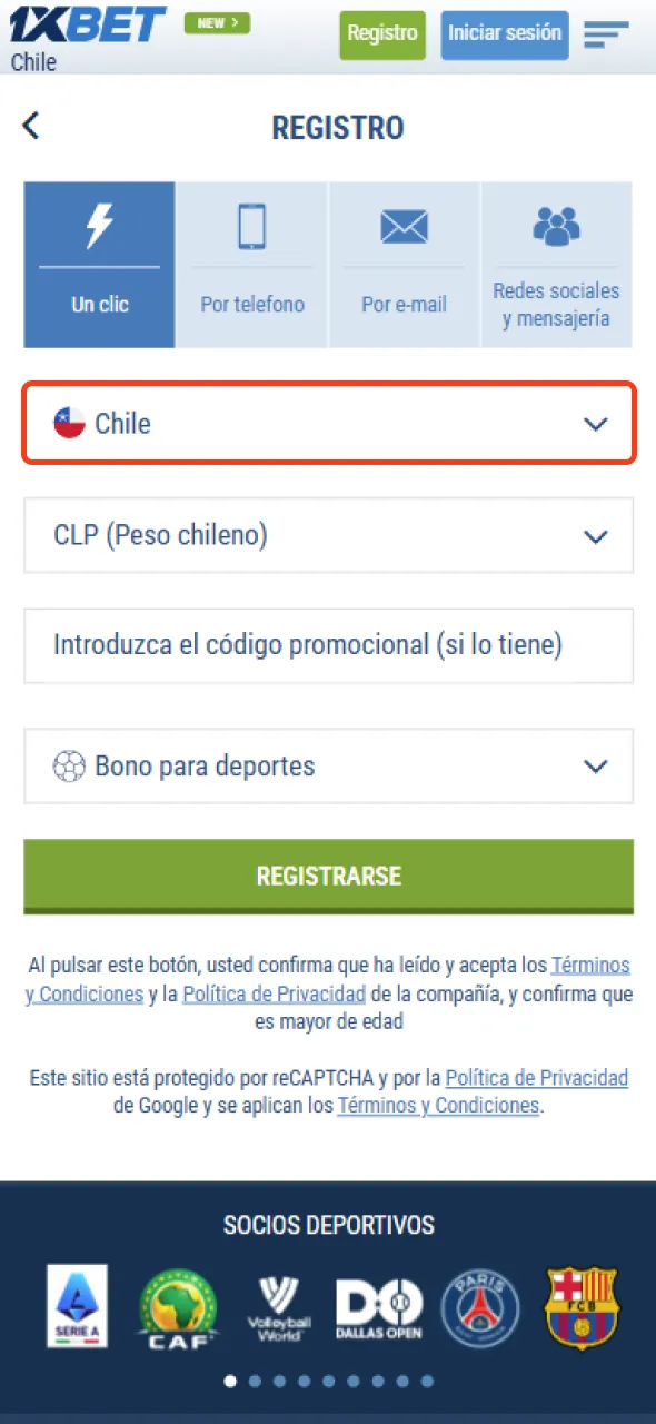 Proporcione su país al registrarse en 1xbet.