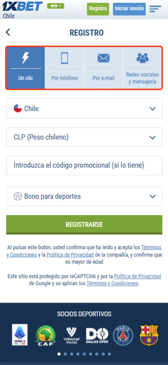 Escoge cómo quieres inscribirte en 1xbet.