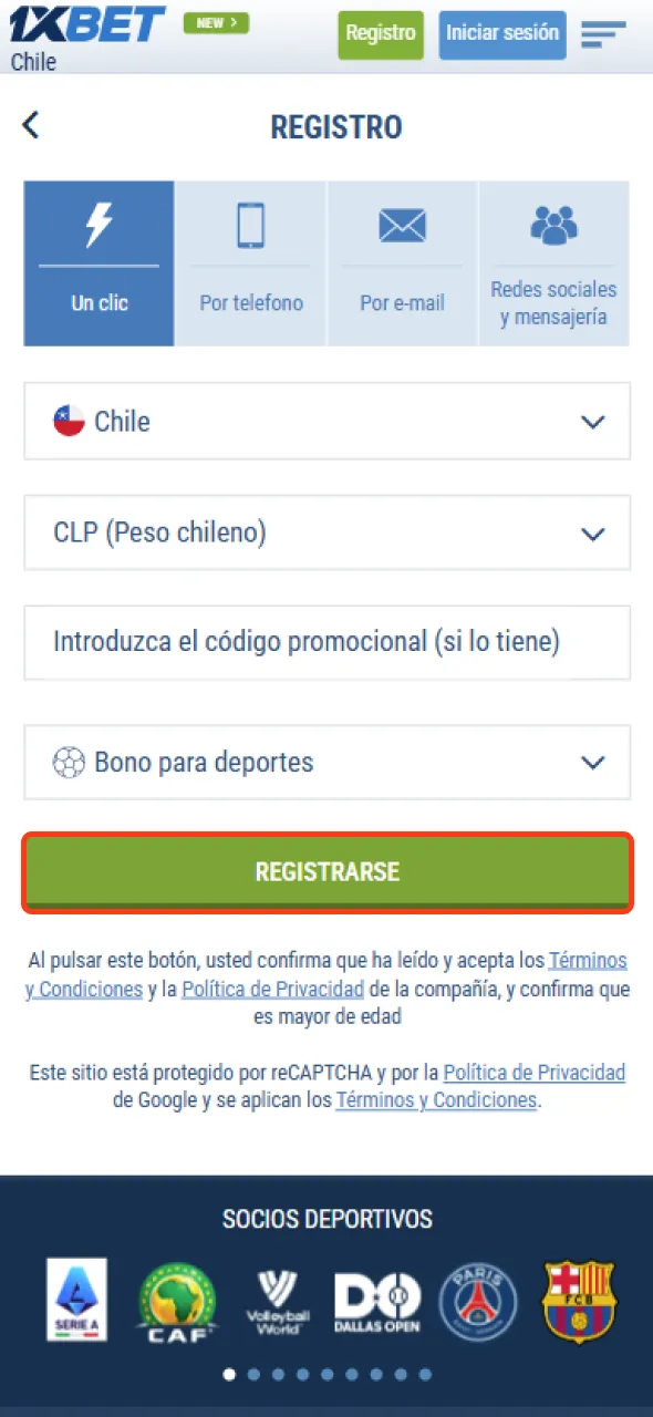 Presiona el botón de registro y únete a 1xbet.