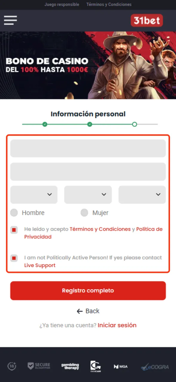 En 31bet, verifica y confirma los términos antes de registrarte.