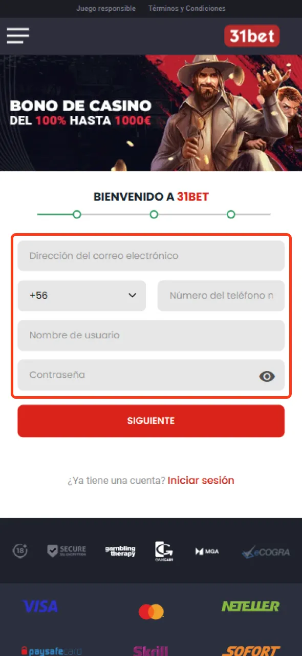 Al registrarte en 31bet, ingresa tu email y número de contacto.