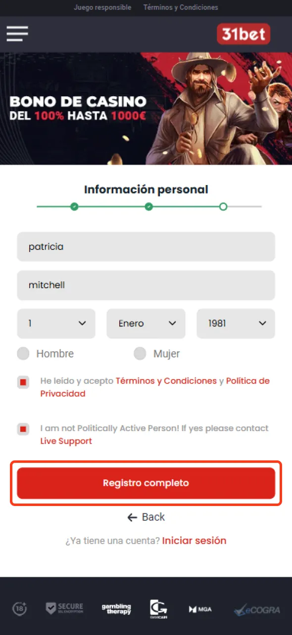 Completa tu inscripción en 31bet haciendo clic en registrar.