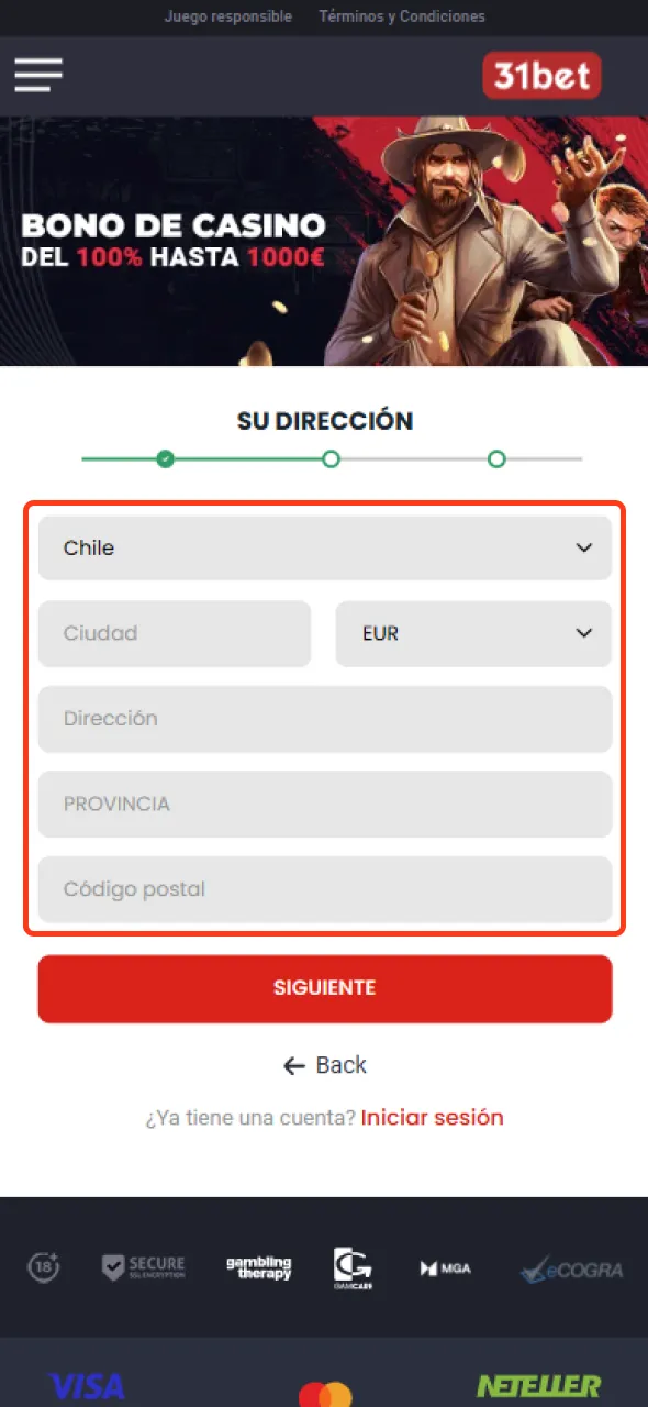 Introduce la información solicitada al registrarte en 31bet.