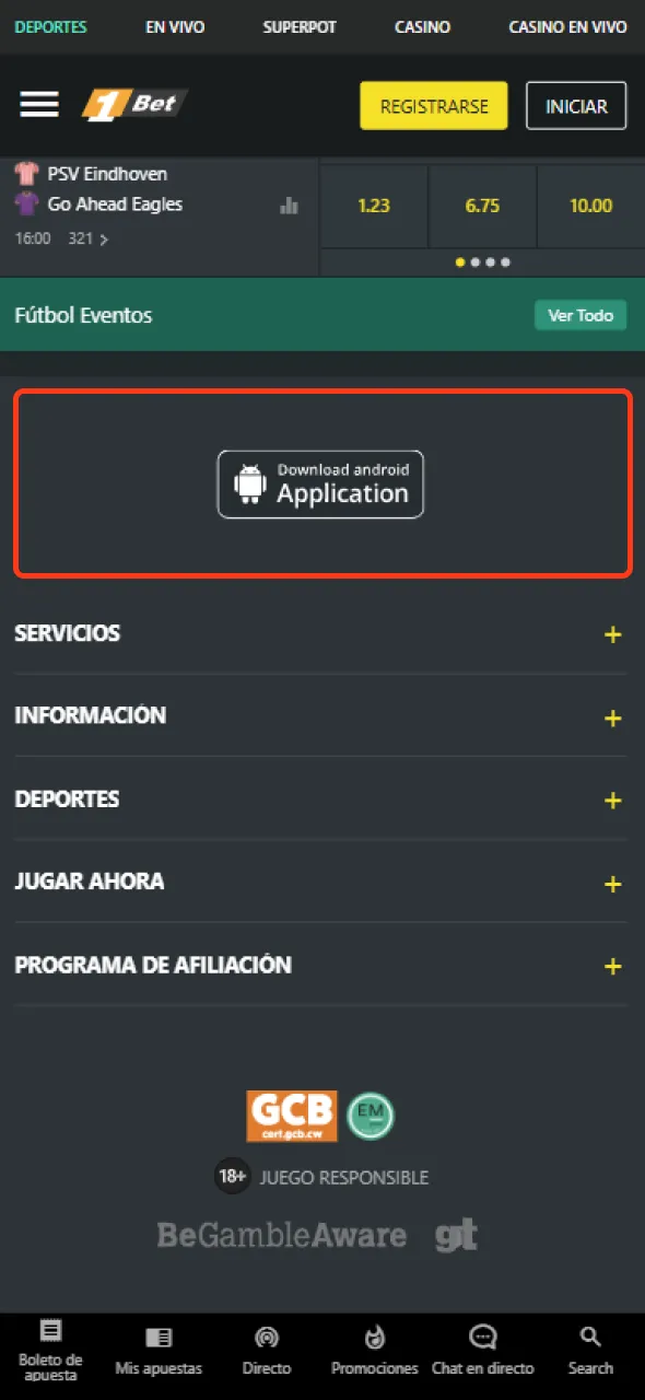 Encuentra el enlace de la aplicación para Android en el sitio web de apuestas de tenis.