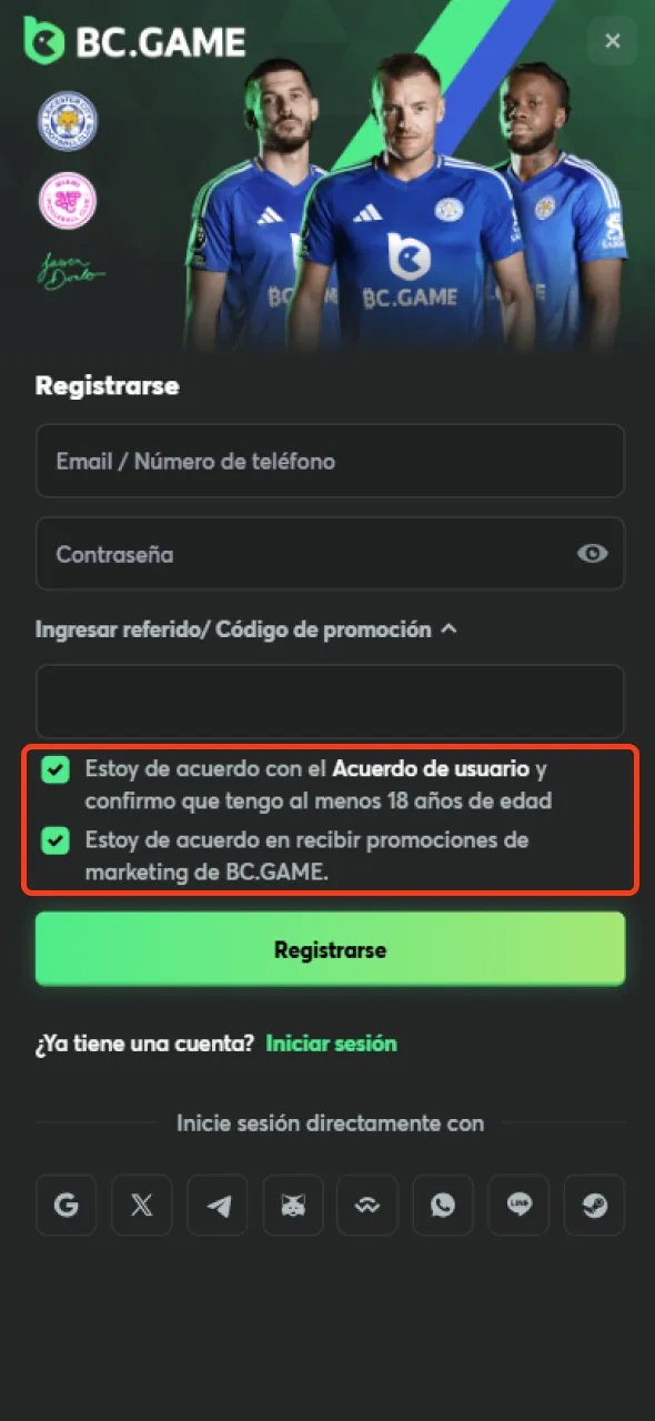 Revisa y acepta los términos al inscribirte en BC Game.