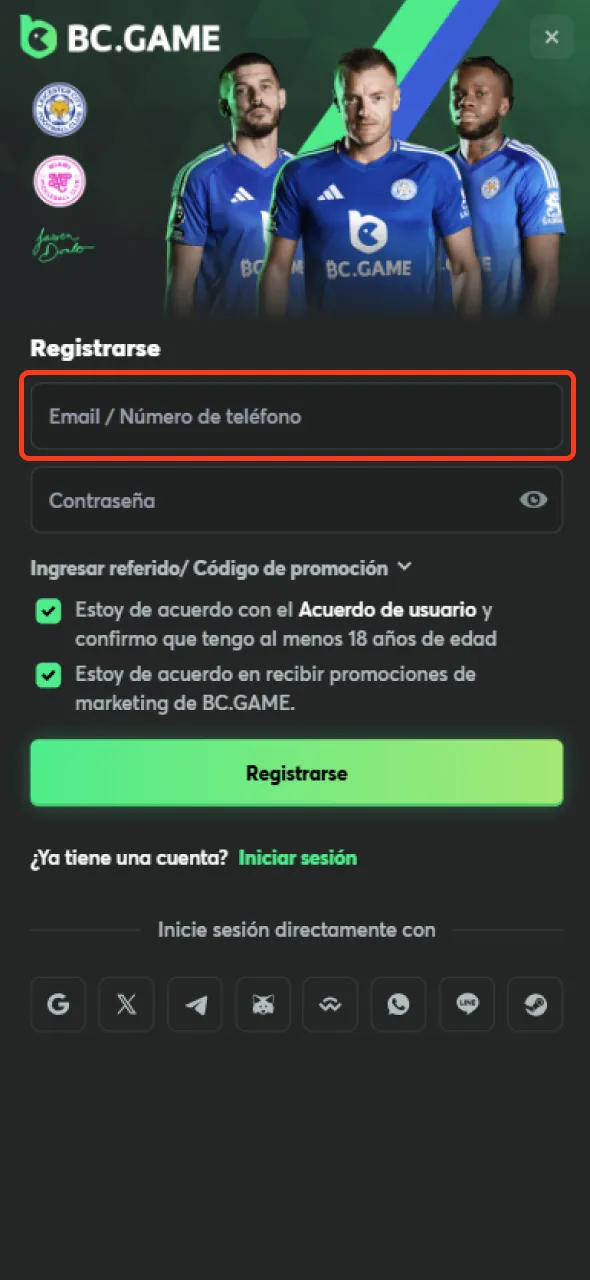 Completa el registro en BC Game con tu correo y teléfono.