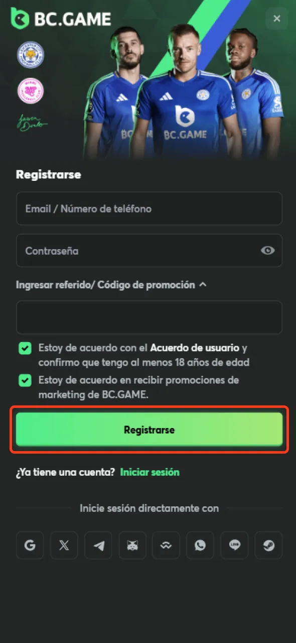 En BC Game, finaliza tu registro presionando el botón correspondiente.