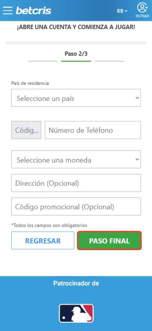 Haz clic en registrarse para completar el proceso en Betcris.