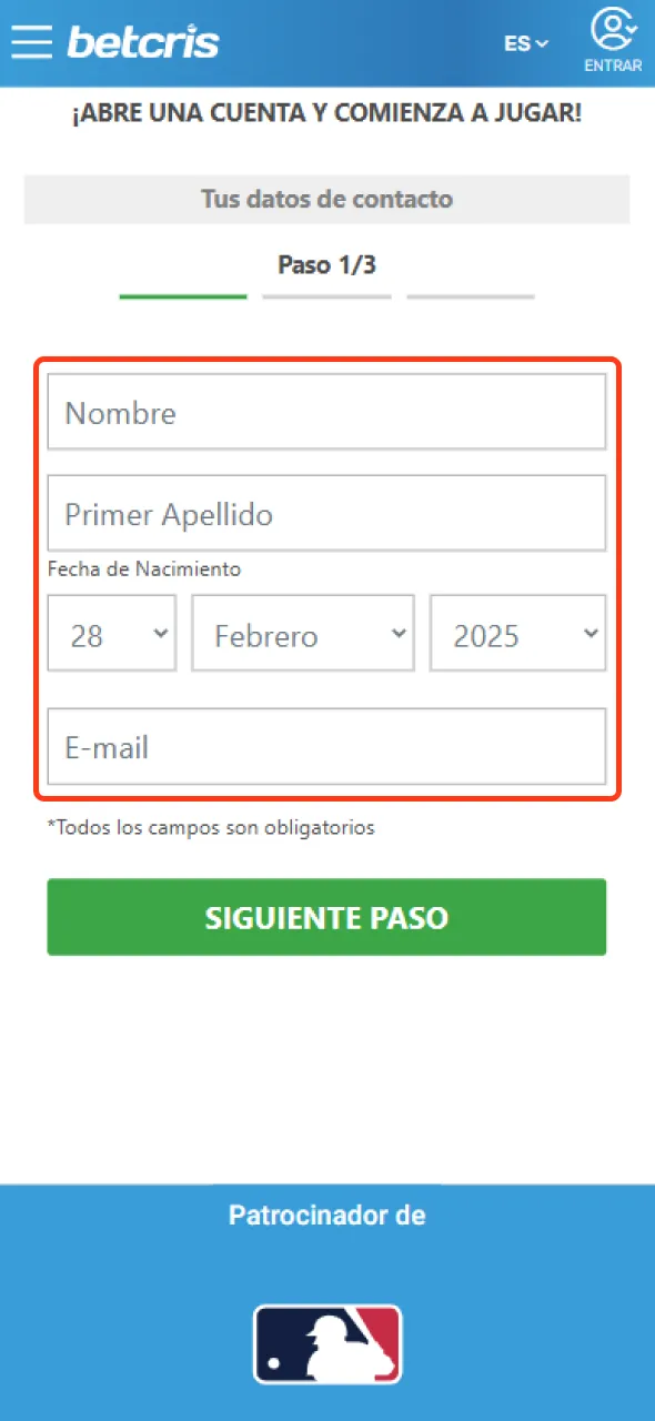 Proporciona la información necesaria al inscribirte en Betcris.