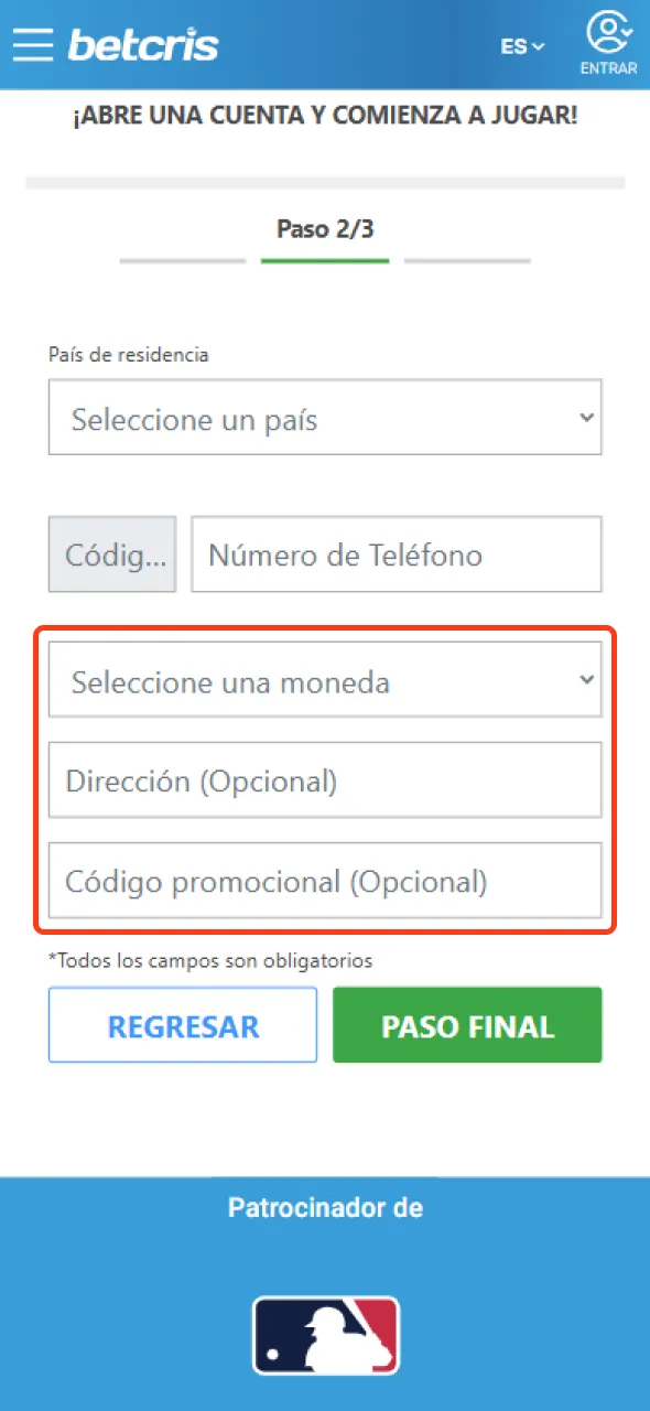 Seleccione la moneda que desee y proporcione su dirección en Betcris.