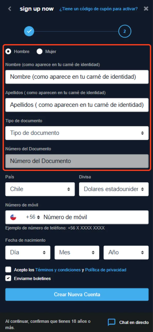 Proporcione la información necesaria al registrarse en Betglobal.