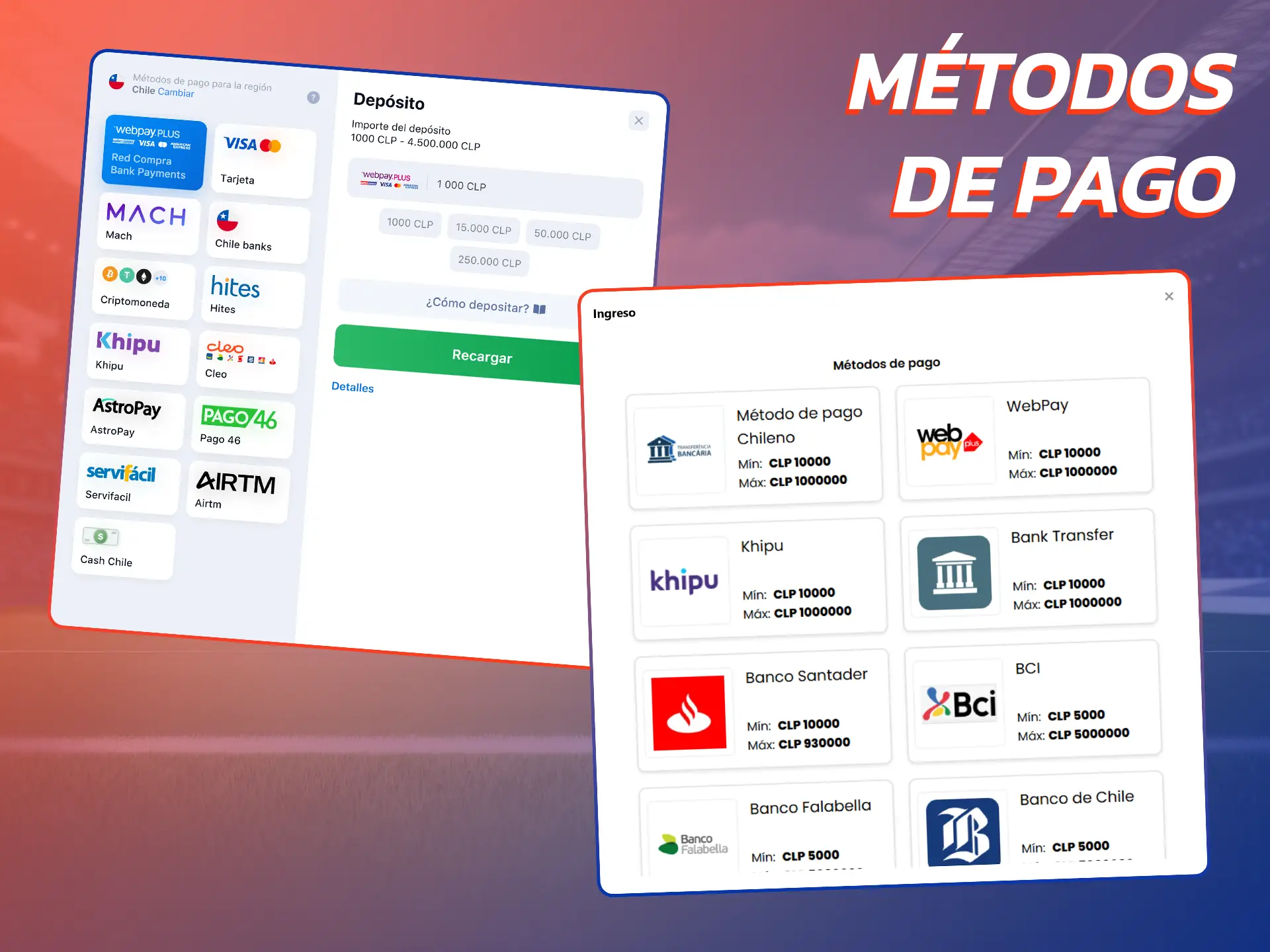 Métodos de pago disponibles para los usuarios de Chille.