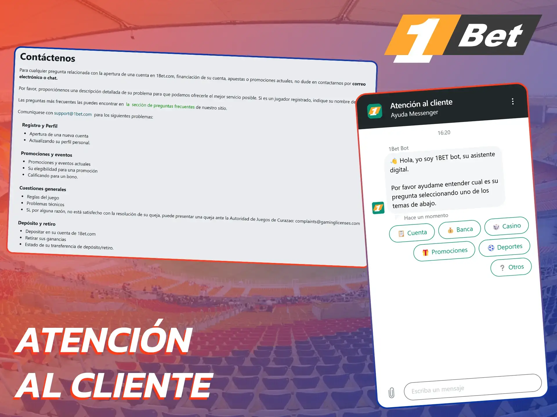 Si tiene algún problema con las apuestas deportivas, comuníquese con el soporte de 1Bet.