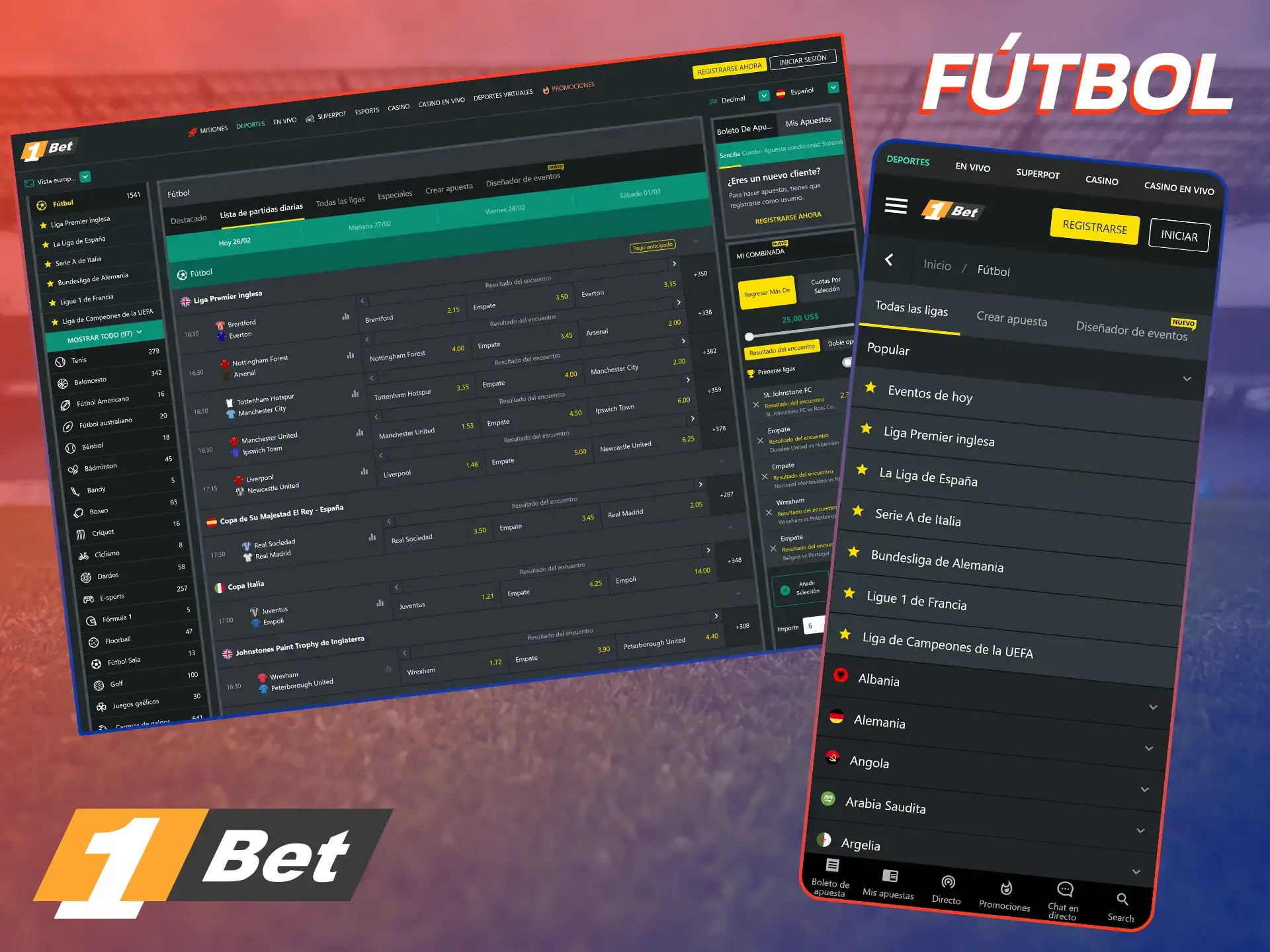 Realiza apuestas en tu evento de fútbol favorito en 1Bet.