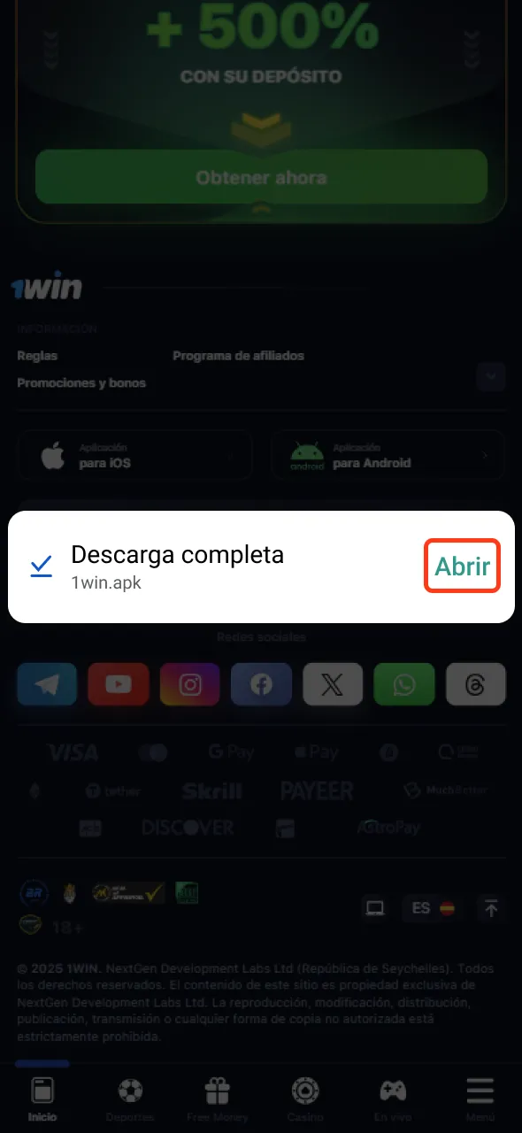 Ejecuta el archivo de instalación de 1win en tu dispositivo.