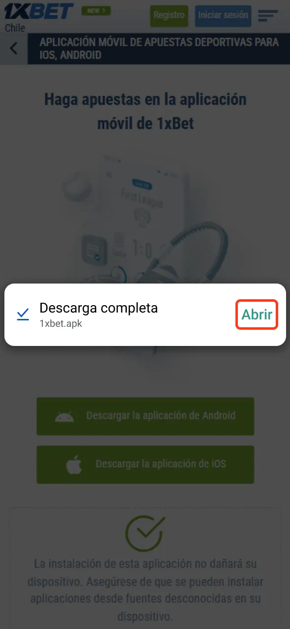 Instala la aplicación de 1xbet abriendo el archivo descargado.