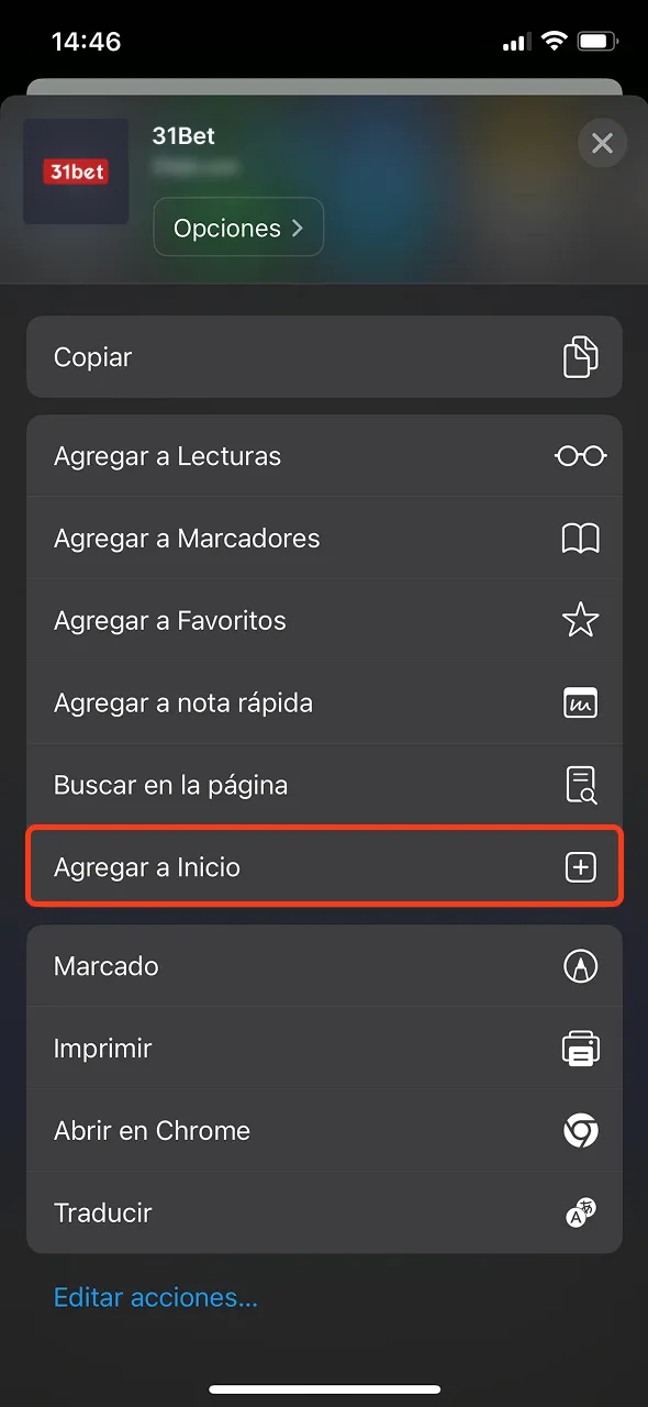 Guarda un acceso directo de 31bet en la pantalla de tu iPhone.