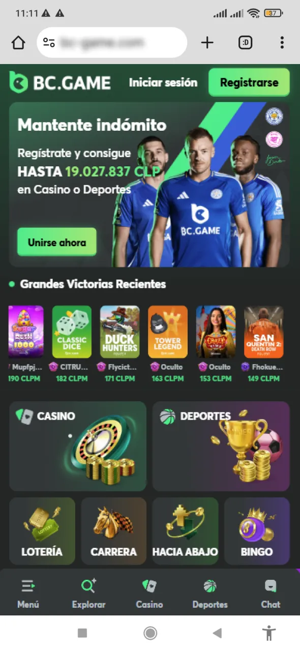 Abre el navegador en Android y visita BC Game.