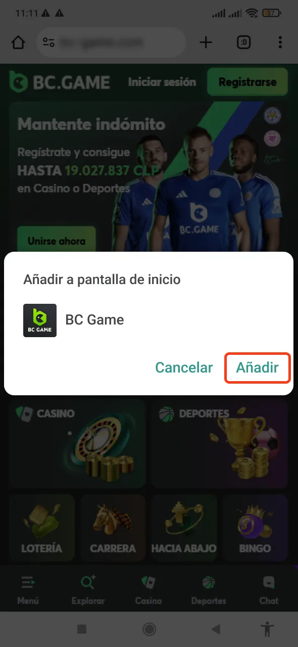 Confirme la acción de Agregar la aplicación BC game a la pantalla de inicio.