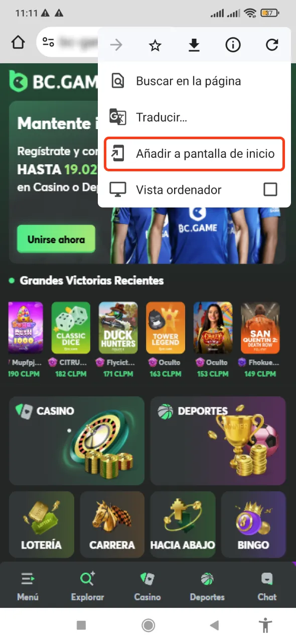 Fija un acceso rápido a BC Game en tu Android.