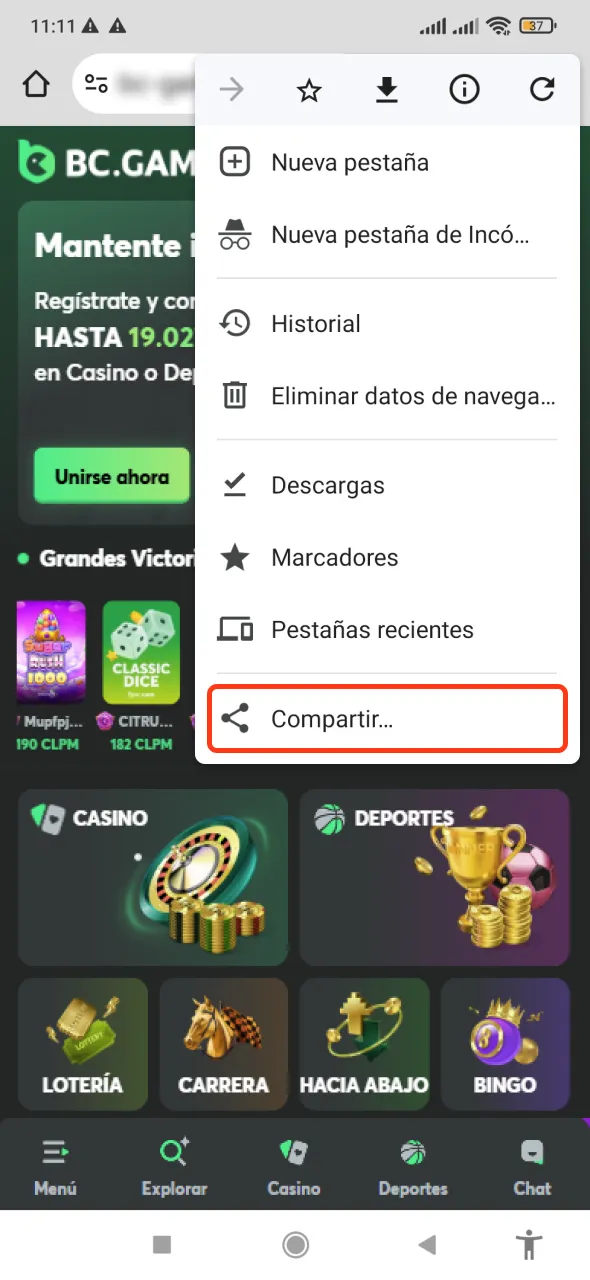 Seleccione la opción Compartir en el menú del navegador del sitio web de BC Game.