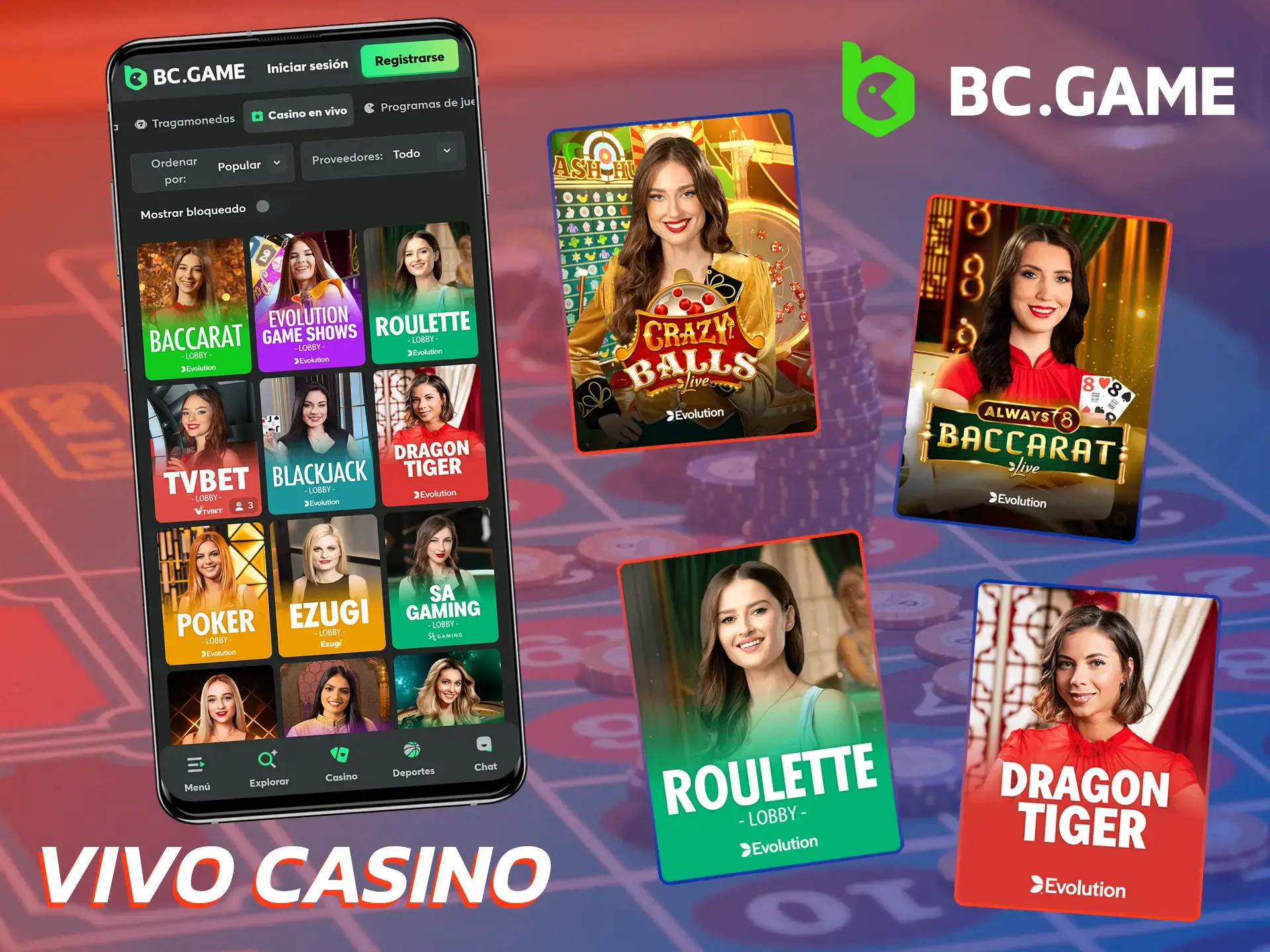 Juega tus juegos de casino en vivo favoritos en la aplicación BC Game.