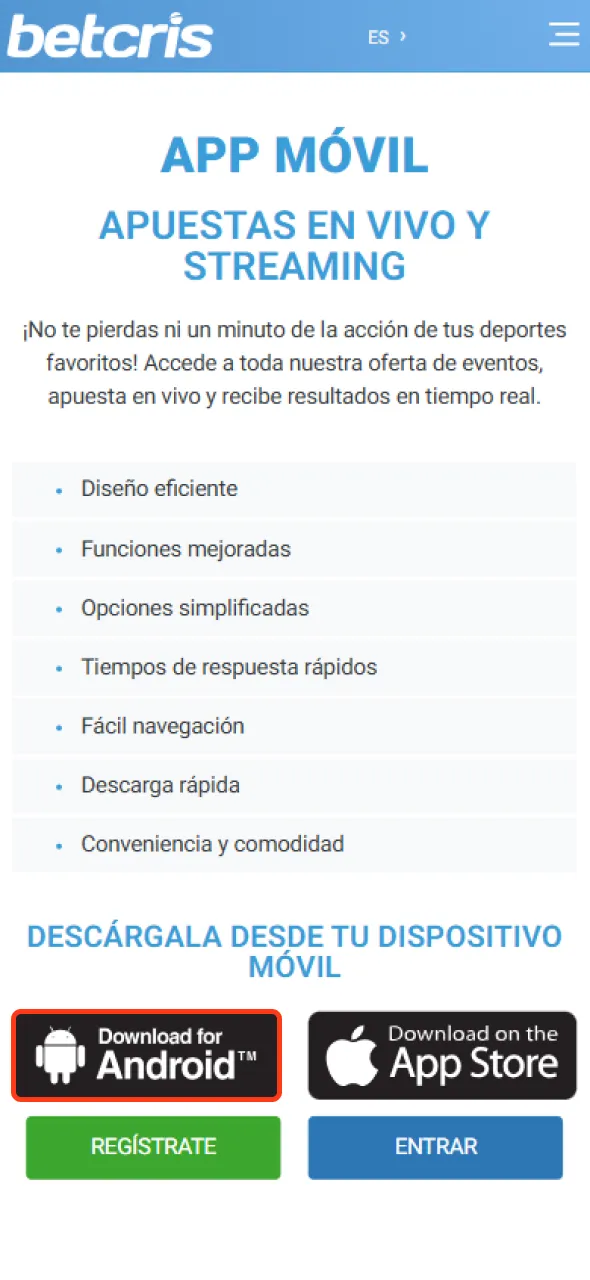 Haz clic en descargar Android en el sitio web de Betcris.