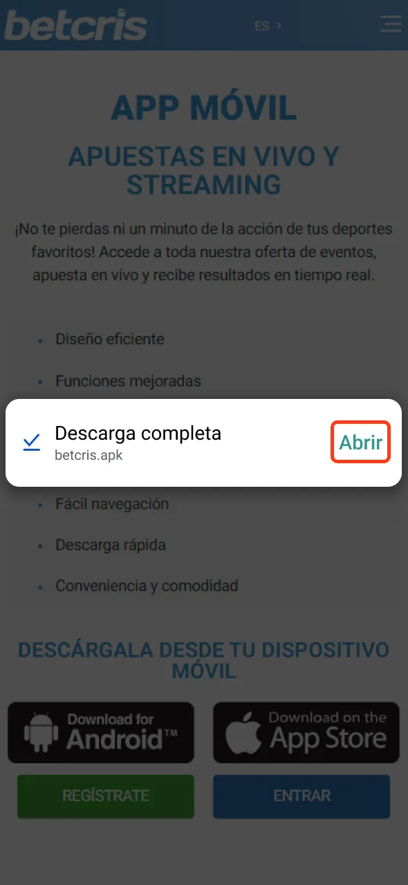 Localice el archivo APK Descargado de la aplicación Betcris.