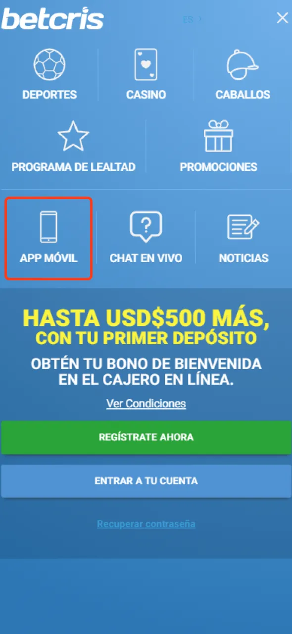 Encuentra la sección de aplicaciones móviles en el sitio web de Betcris.