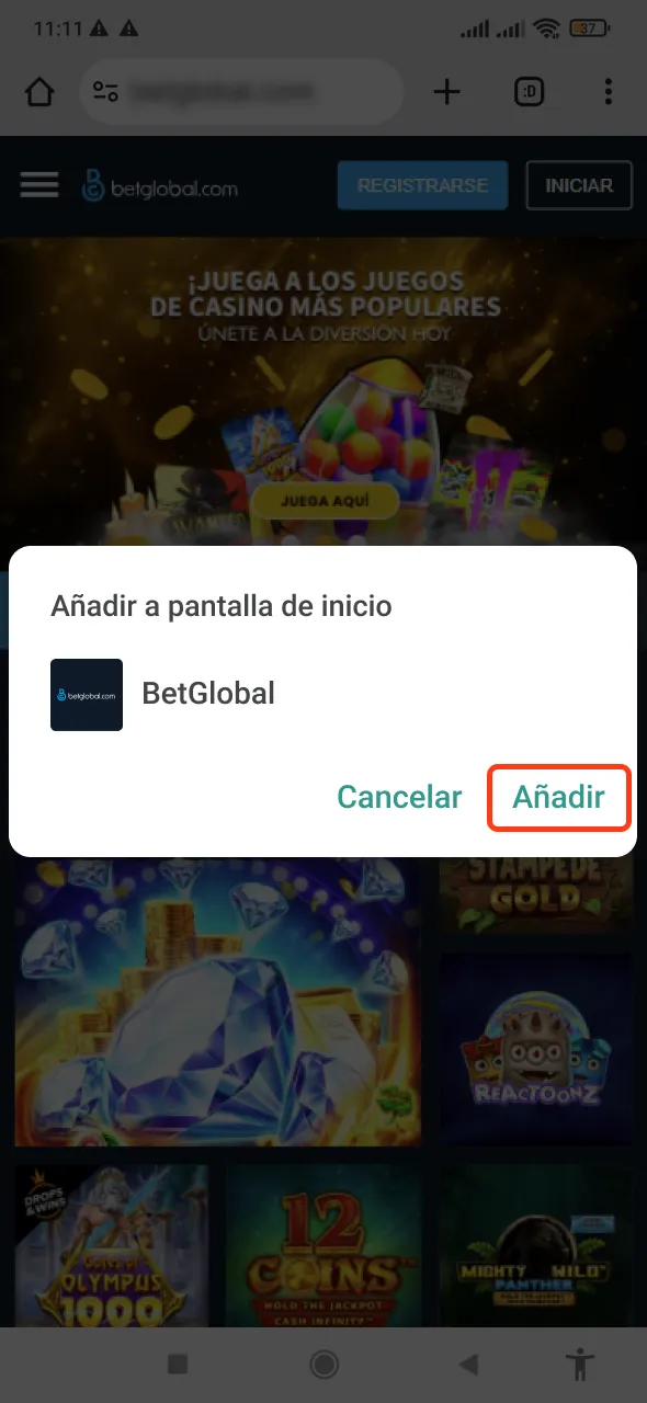 Verifique la instalación de la aplicación Betglobal en su pantalla de inicio.