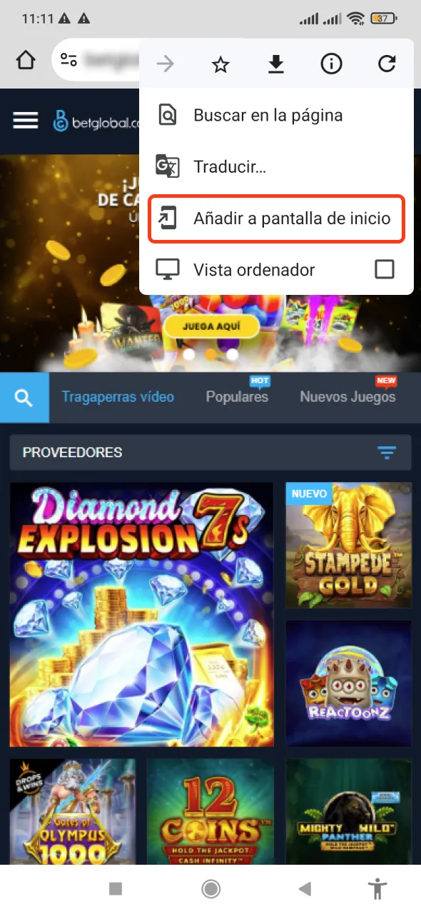 Presione el botón Agregar a la pantalla de inicio en el sitio web de Betglobal.