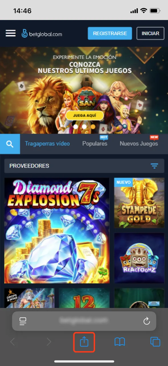 Presiona compartir para descargar la aplicación de Betglobal en iOS.