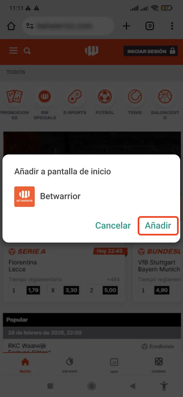 Toque agregar para completar el proceso de descarga de Betwarrior APK para Android.