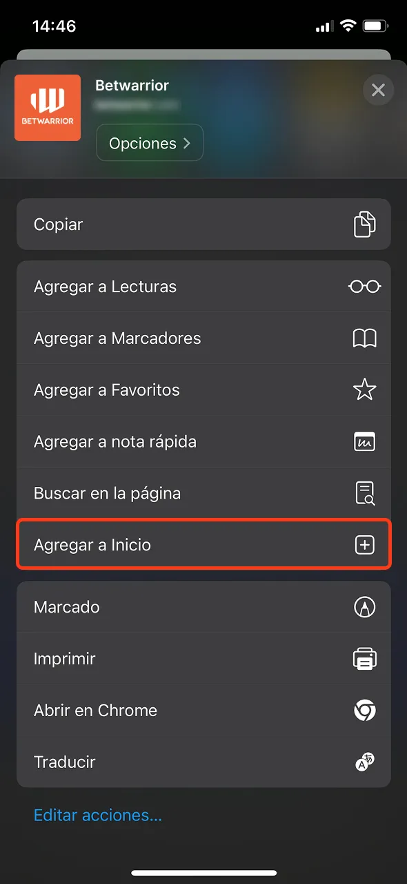 Guarda Betwarrior como acceso rápido en la pantalla principal de iOS.