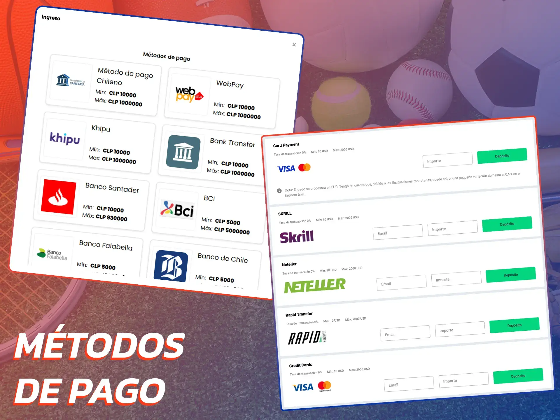 Selecciona tu método de pago, haz un depósito y recibe tu bono de bienvenida deportivo.