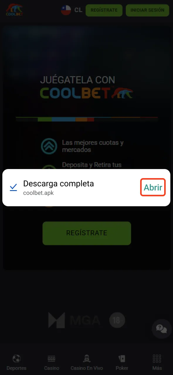 Confirme la descarga de la aplicación Coolbet en su dispositivo Android.