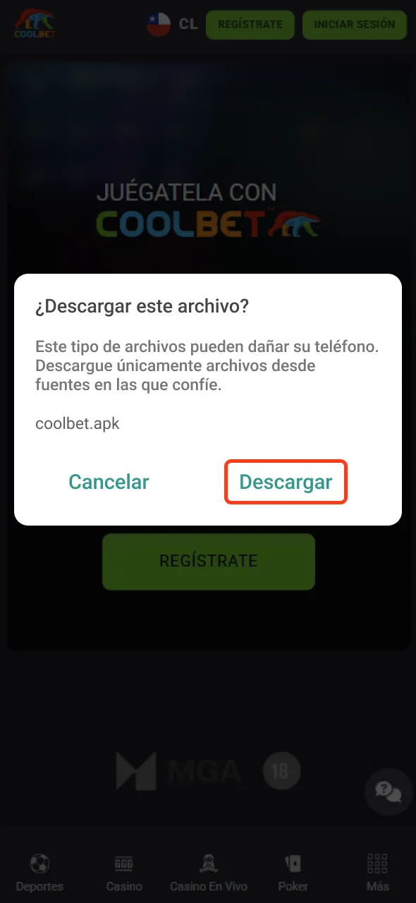 Haz clic en el botón de descarga para Android en el sitio de Coolbet.