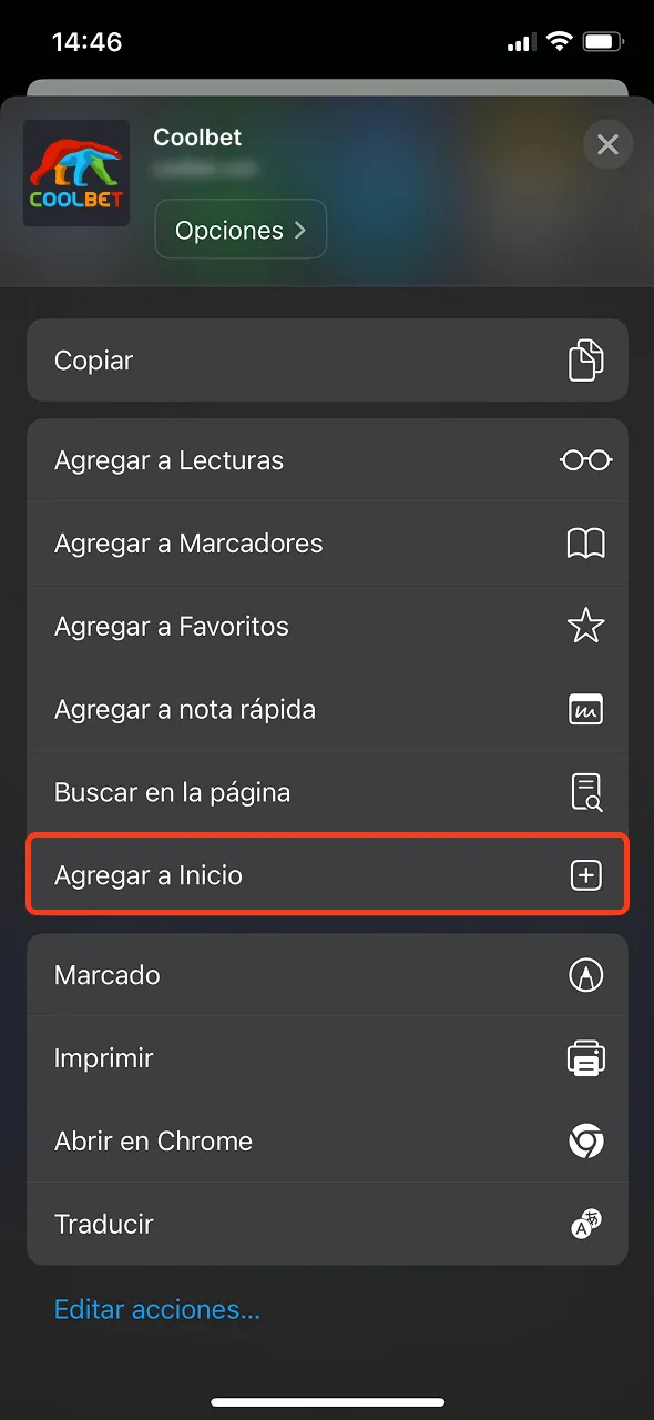 Haz clic en el botón de compartir para descargar la Coolbet app en tu dispositivo iOS.