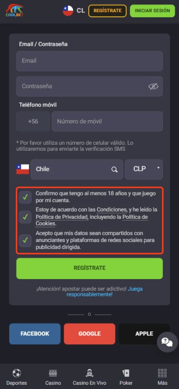 Marca la casilla de términos y confirma las condiciones al registrarte en Coolbet.