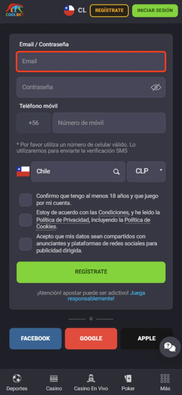 Ingresa la información requerida durante el registro en Coolbet.